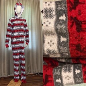 Holiday#FamJams Moose Snowflake Fleece Stripe Zip Up Hooded Onesie Womens Medium